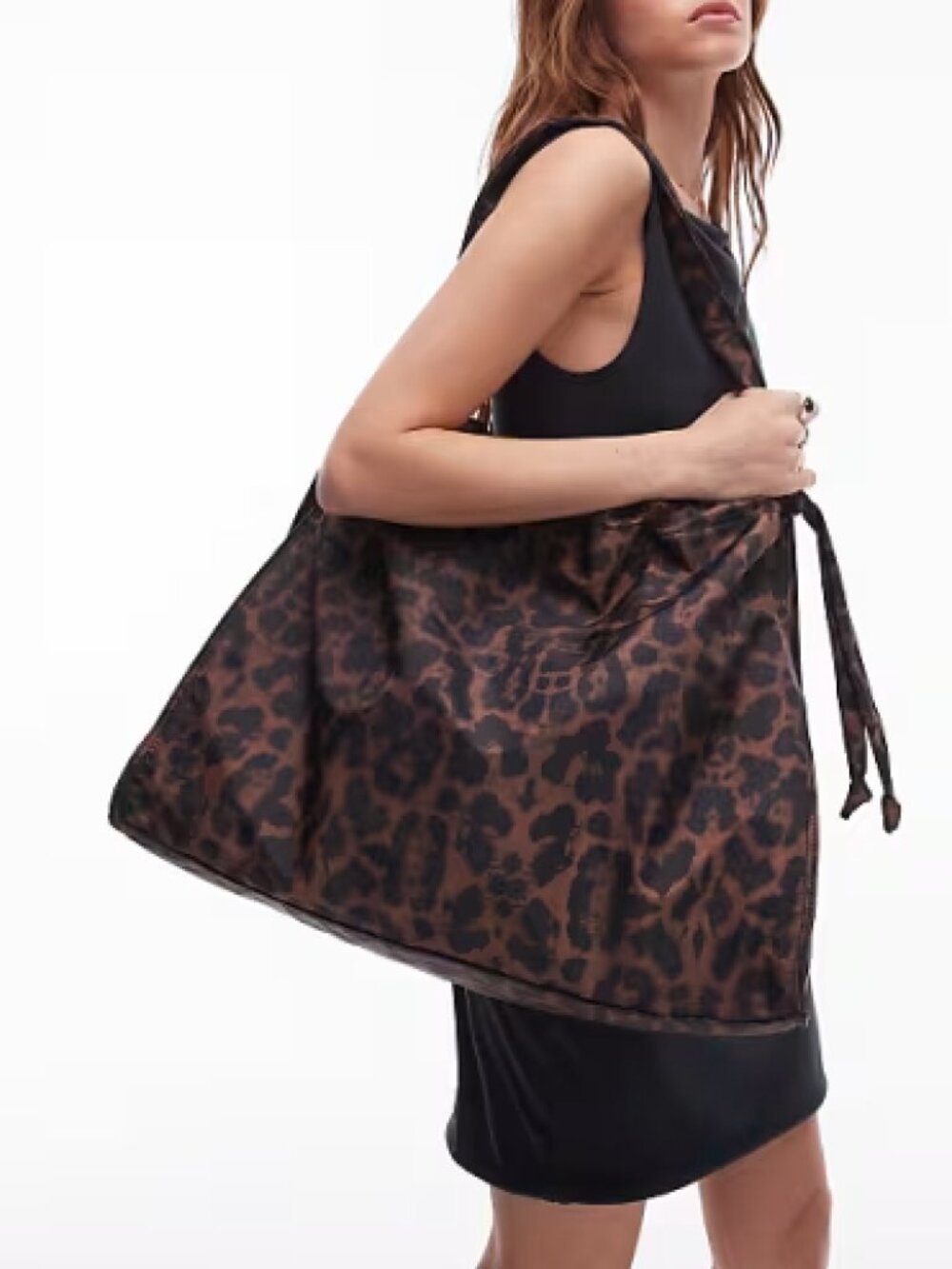 Topshop Dark Leopard Nylon Oversized Drawstring Tote Shopper Beach Bag Foldable